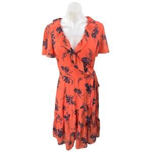 Michael Kors Women's Orange Floral Short Sleeve Ruffle Knee Length Wrap Dress M